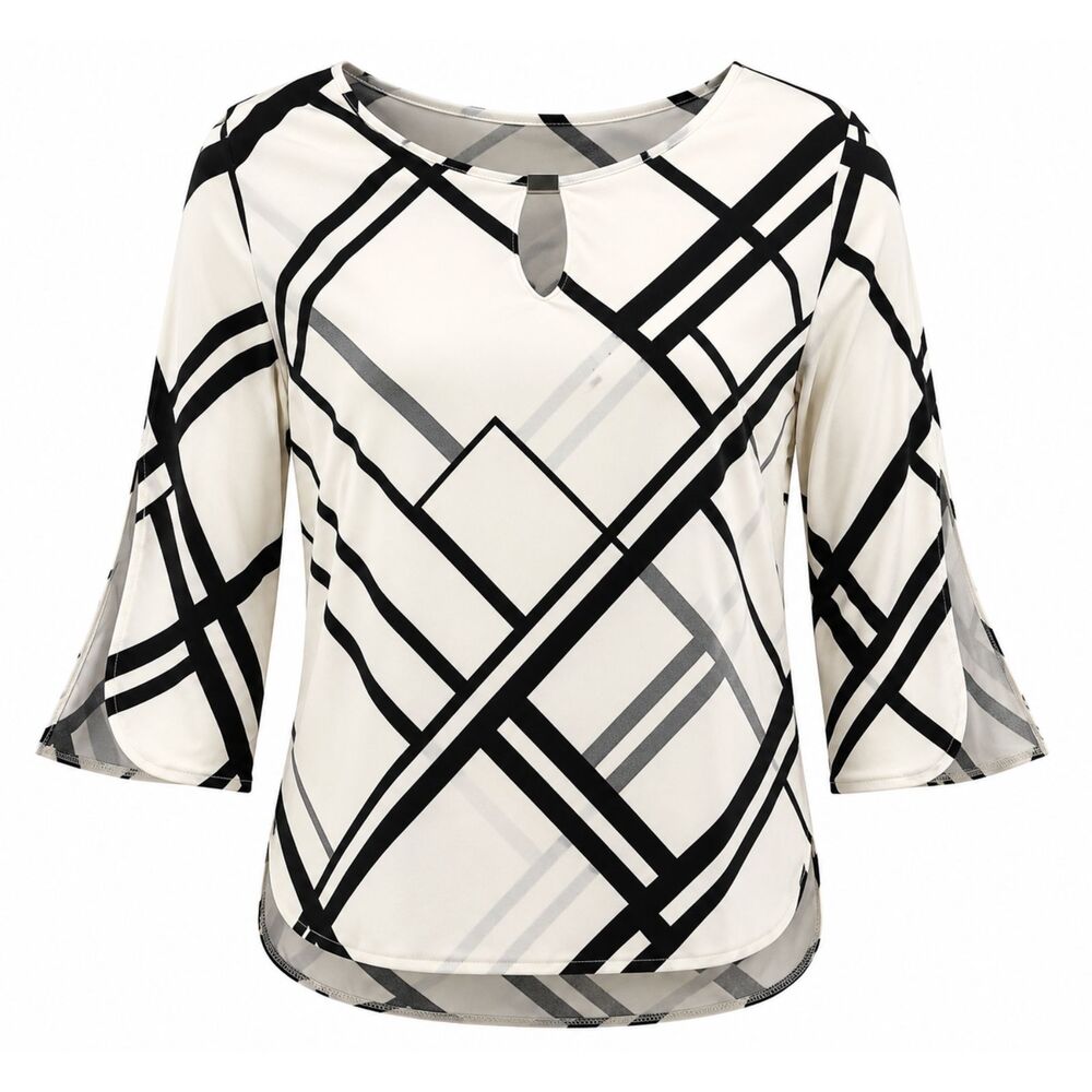 Chico’s Size 0 Small Black White Geometric Keyhole 3/4 Sleeve Blouse 3177